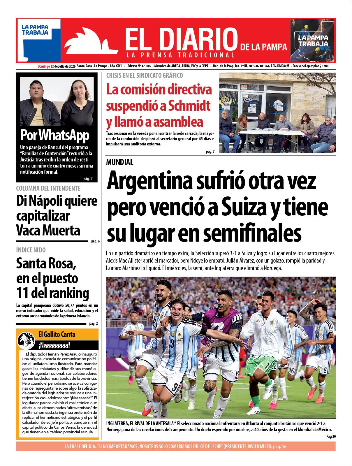 Tapa de El Diario en papel  domingo 12 de julio de 2026